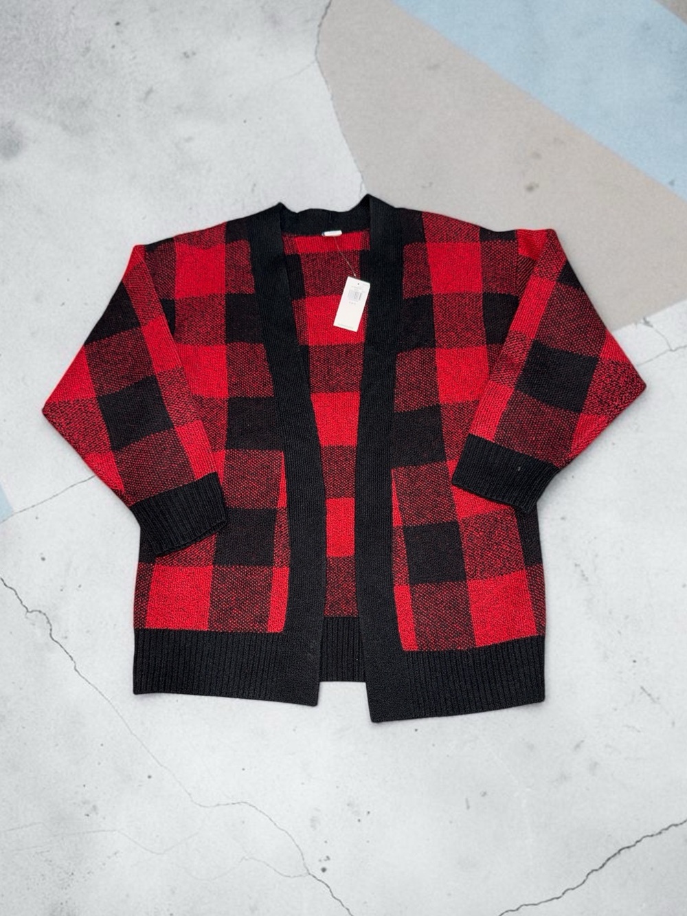 Red & Black Buffalo Plaid Open Cardigan Sweater Girls (S 6-7)